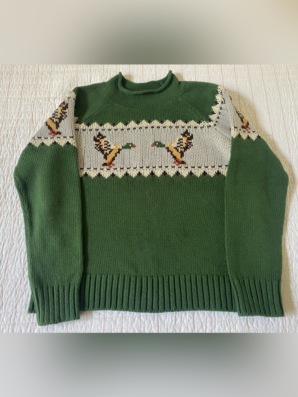 L.L. Bean Green Rollneck Sweater with Duck Motif, 100% Organic Cotton